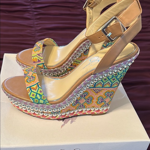 Jessica Simpson Beige Wedge Sandals with Crystal Embellishments - Picture 4 of 10